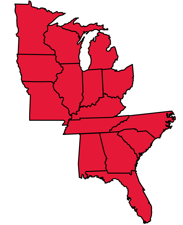 Map showing County Materials service locations throughout the Midwest and Florida